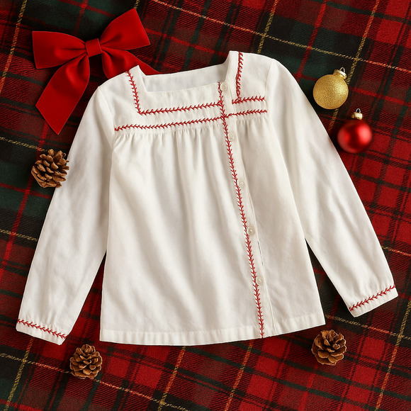 Jacadi White Flannel Long Sleeve Blouse Button Up Red Vine Trim | Girls Size 8 Y - Picture 1 of 9